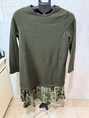Olive Green Long Sleeve Knit Dress with Velvet Pleated Hem